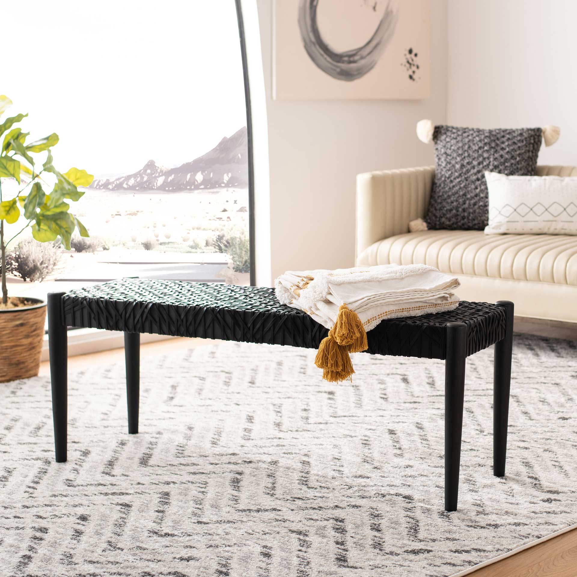 Baize Leather Weave Bench Black/Black