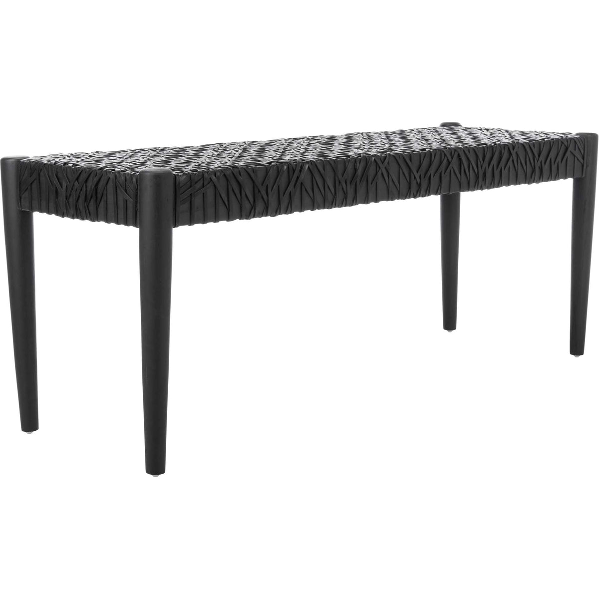 Crisscrossed black leather covers the seat and rails above slim, tapered wood legs. || BCH1000B || front_angle_studio