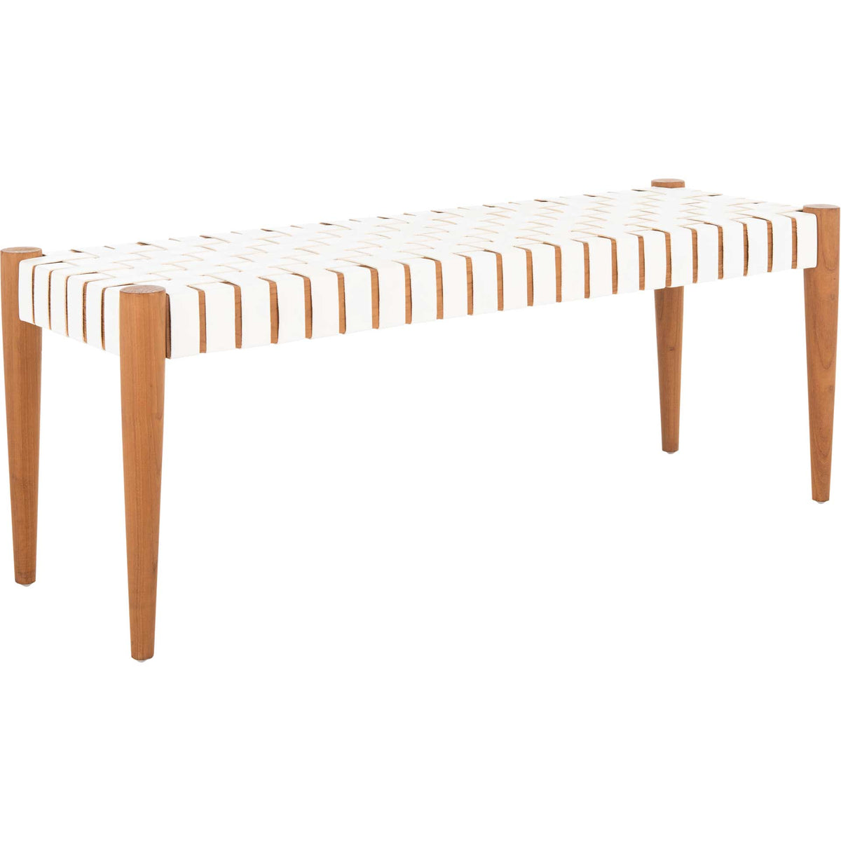 White leather basket weaving tops a slim wooden bench with warm brown tapered legs.