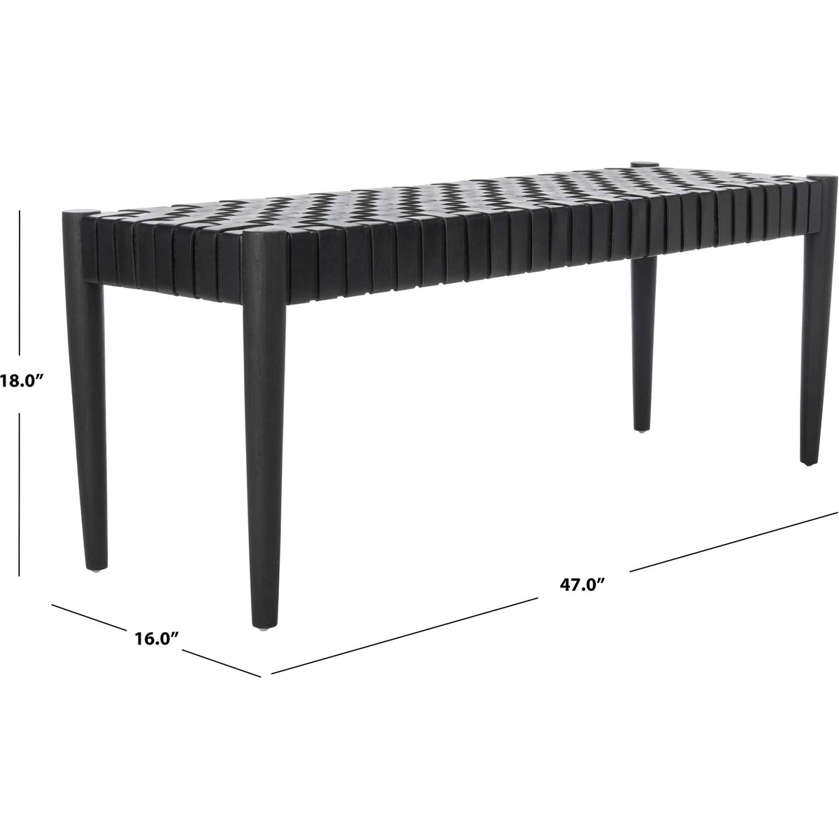 This black woven leather bench measures 47 inches wide, 16 inches deep, and 18 inches high.