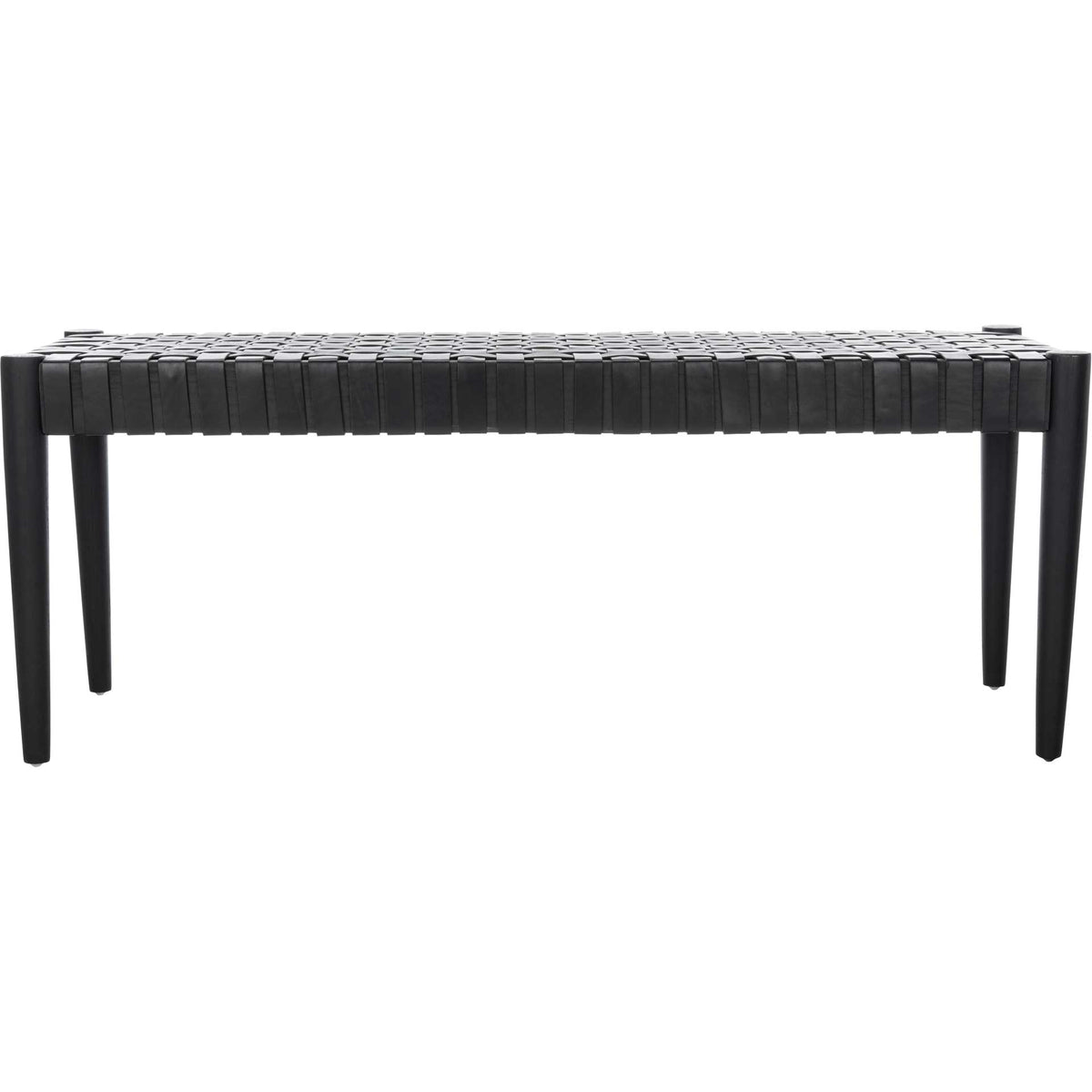 Sleek black leather strips form a woven bench seat above slim black wooden legs. || BCH1001D || front_studio
