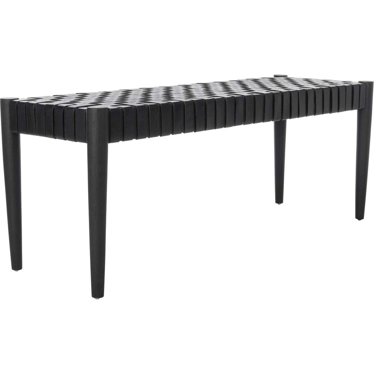 A black leather basket weave tops an open-frame bench with four tapered wood legs. || BCH1001D || front_angle_studio