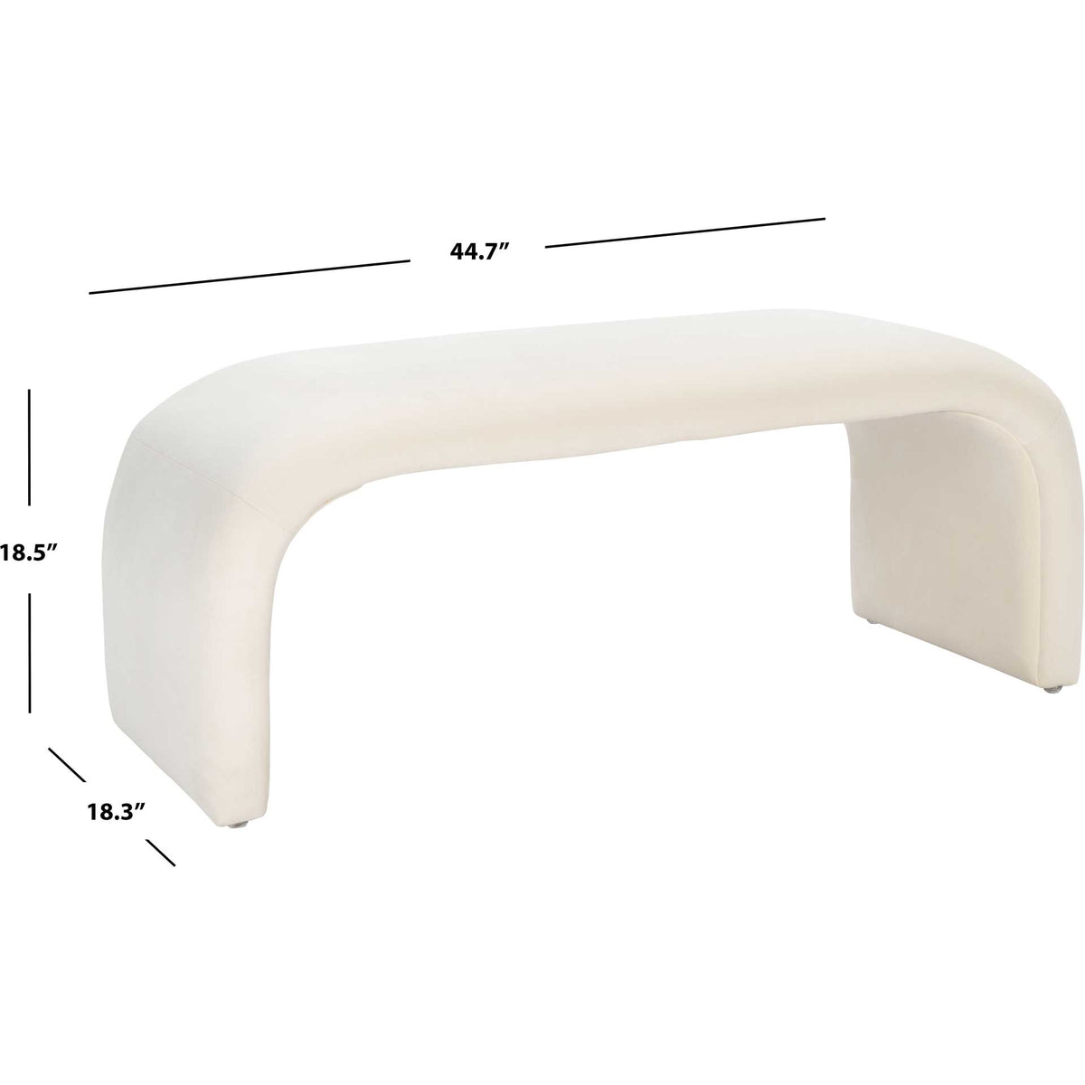 Cream velvet bench measures 44.7 inches wide, 18.3 inches deep, and 18.5 inches high.