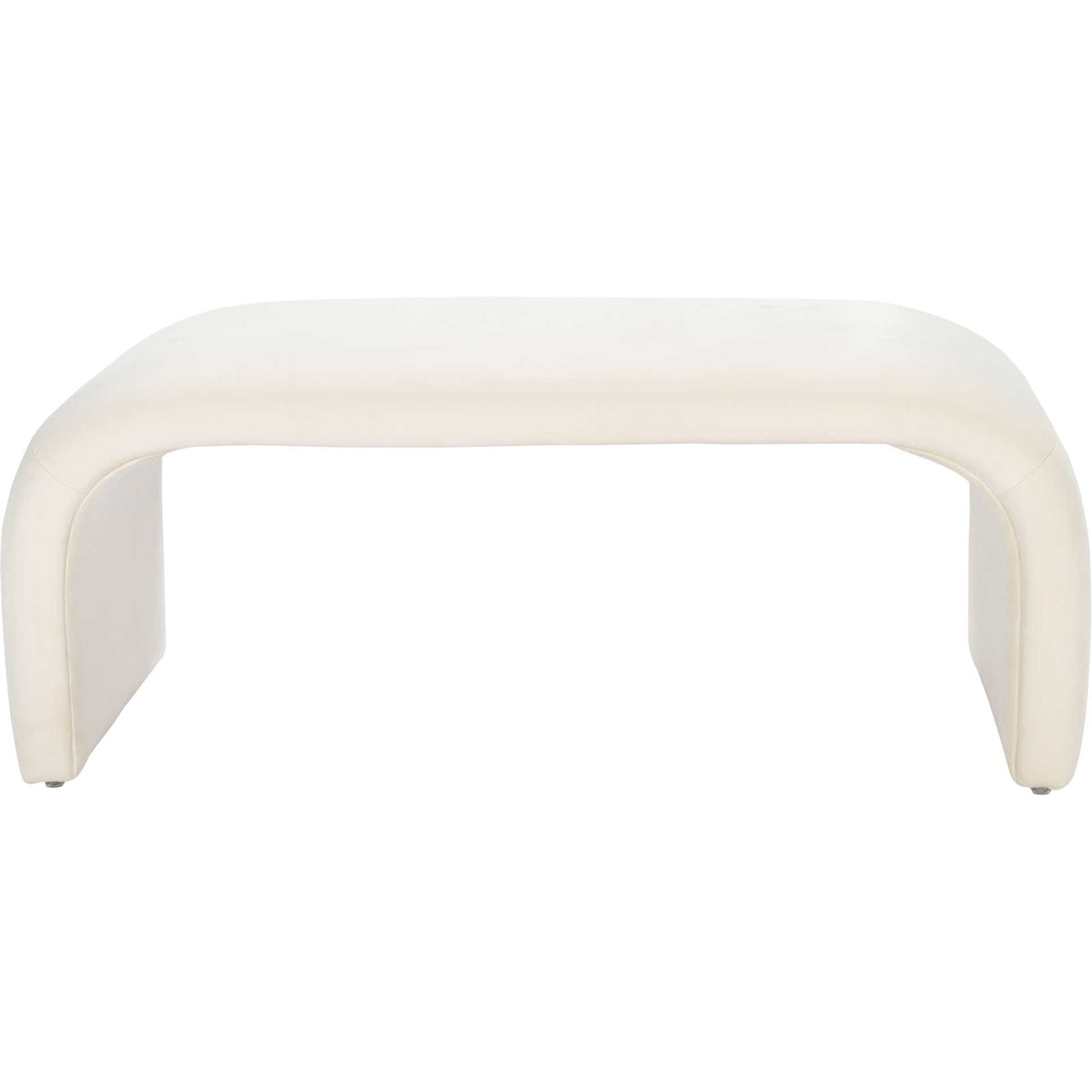 A cream velvet bench features a slim, cushioned seat and gracefully curved ends. || BCH1300A || front_studio