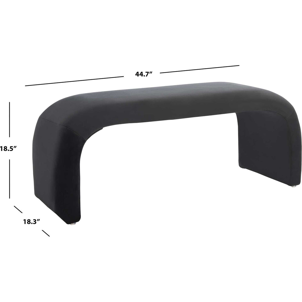 Black velvet bench measures 44.7 inches wide, 18.3 inches deep, and 18.5 inches high.