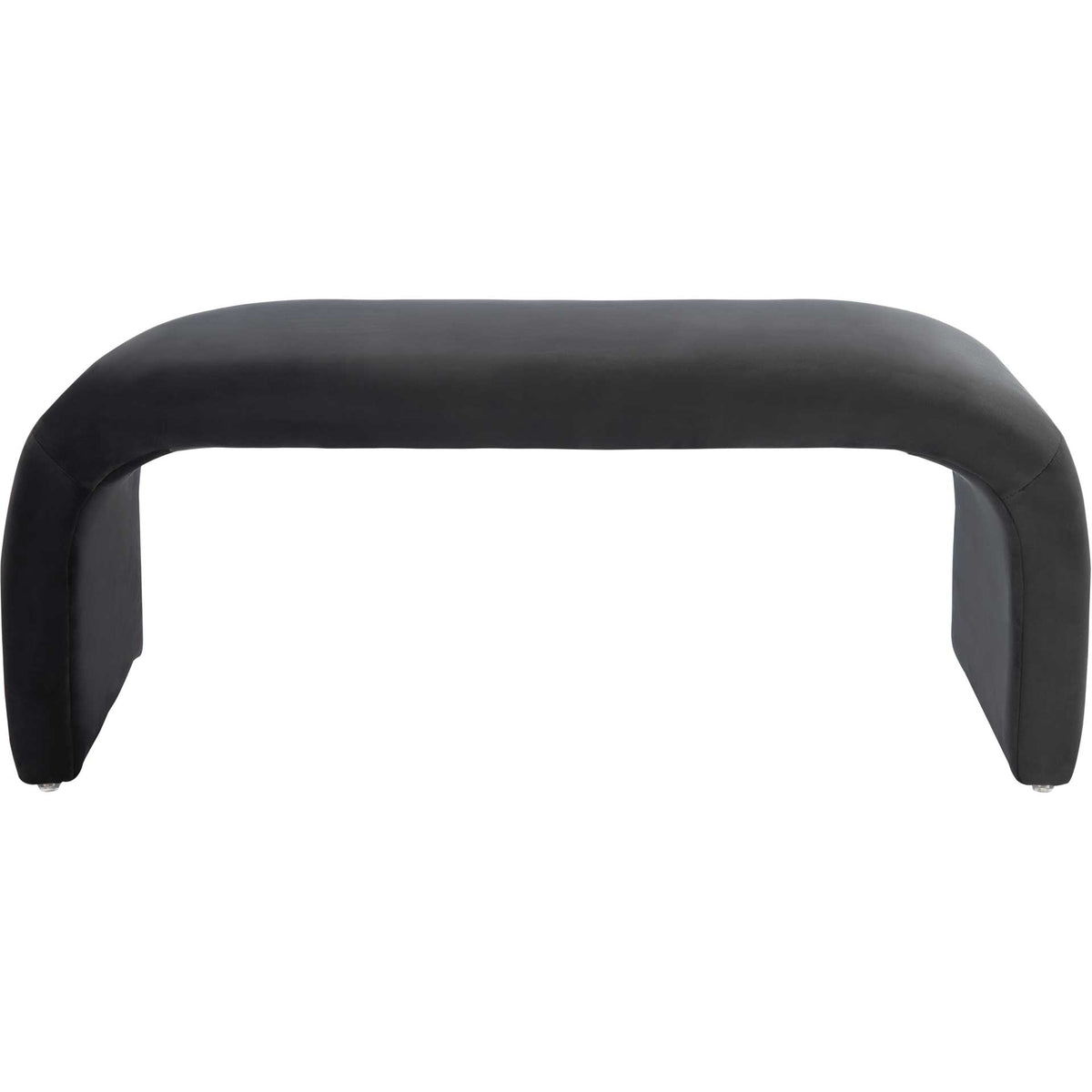A sleek black velvet bench pairs a long cushioned seat with sculptural curved legs. || BCH1300B || front_studio