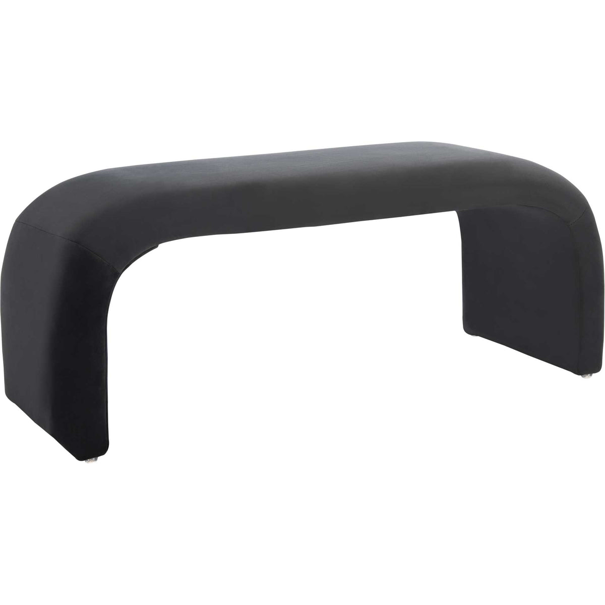 Black velvet upholstery flows from a padded seat into broad, curved end supports. || BCH1300B || front_angle_studio