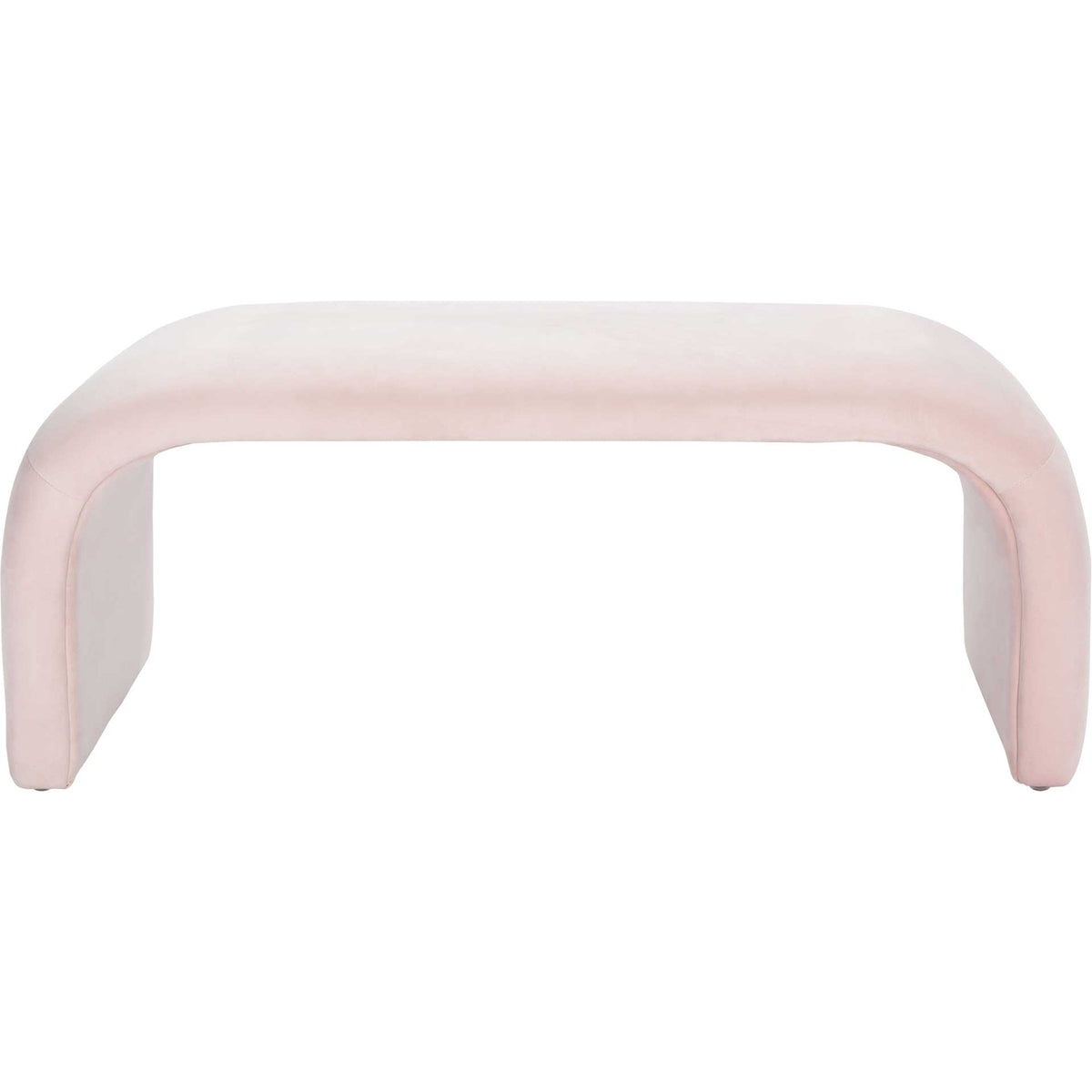 A light pink velvet bench pairs a cushioned seat with softly curved ends. || BCH1300C || front_studio