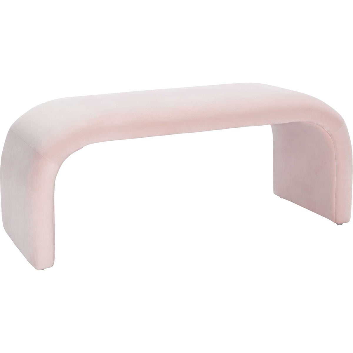 Light pink velvet softens the bench's sweeping profile and broad curved legs. || BCH1300C || front_angle_studio