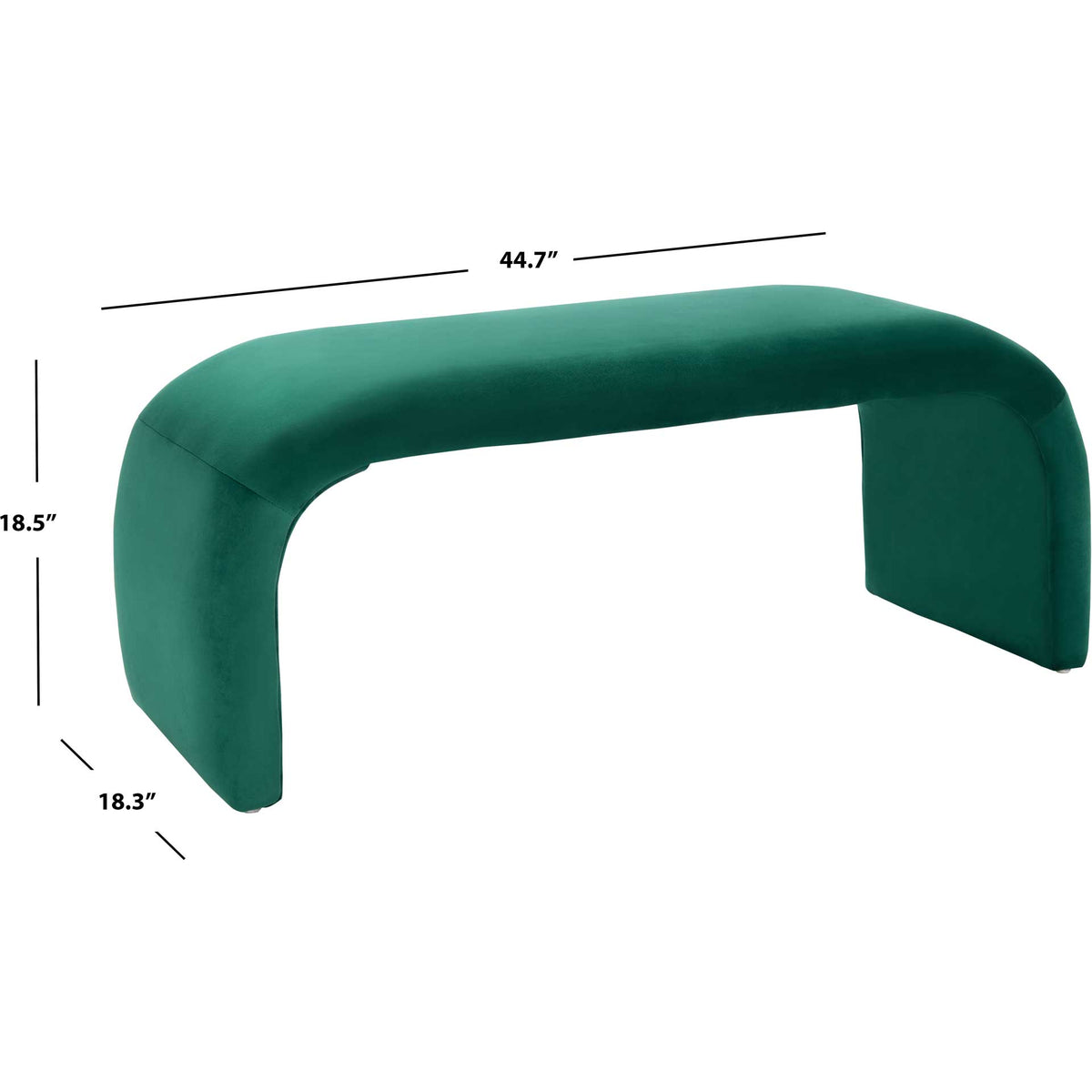 Emerald velvet bench measures 44.7 inches wide, 18.3 inches deep, and 18.5 inches high.