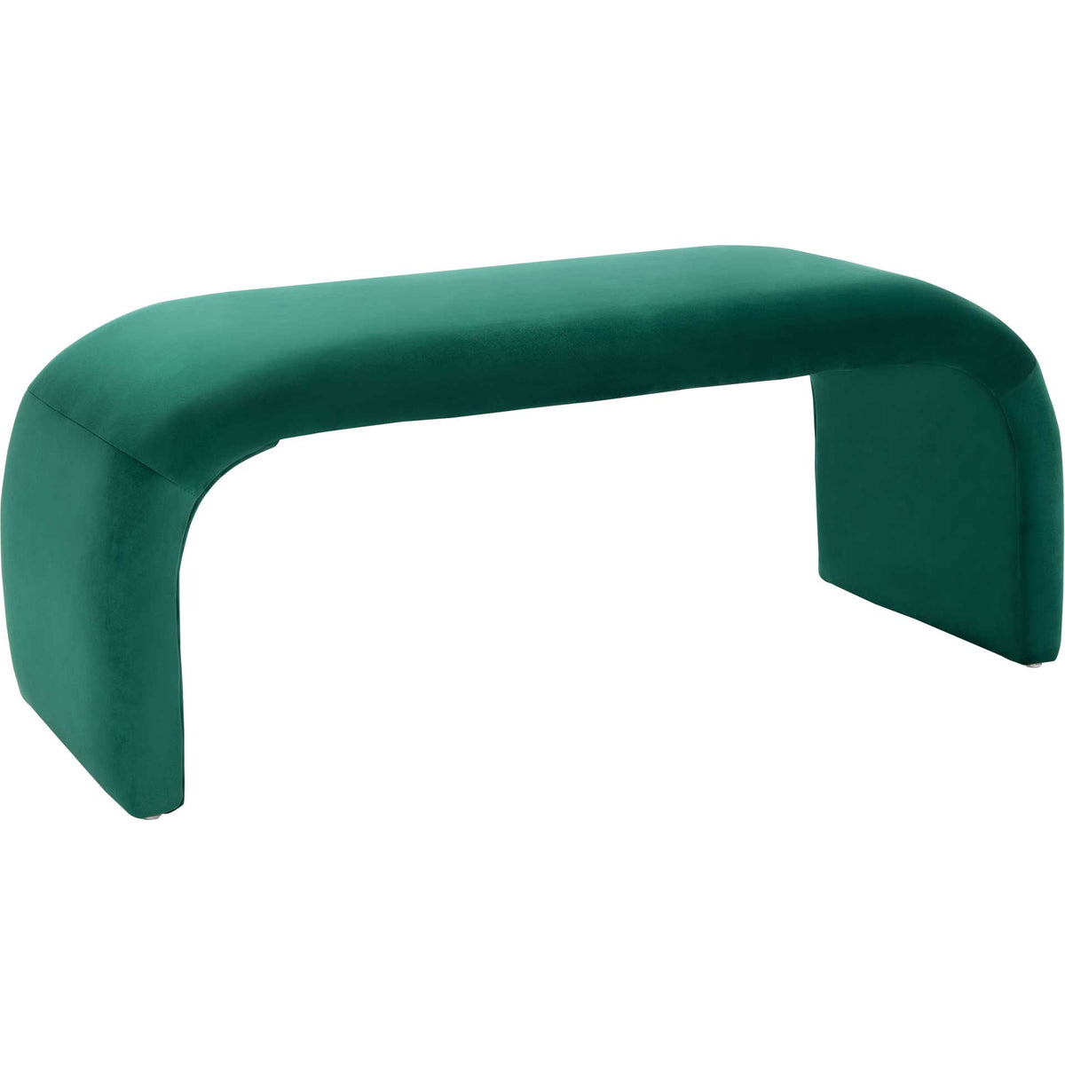 Emerald velvet accentuates the cushioned bench's bold waterfall silhouette. || BCH1300D || front_angle_studio