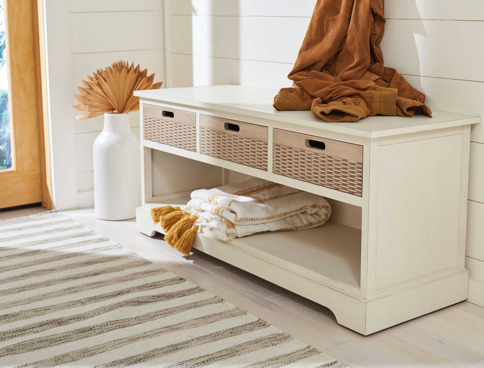 Lali 3 Drawer Storage Bench Distressed White