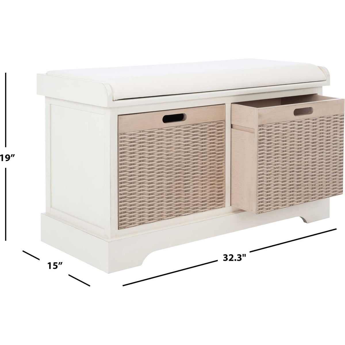This distressed white bench is 32.3 inches wide, 15 inches deep, and 19 inches high.