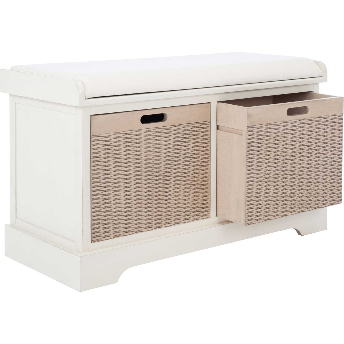 A pullout basket drawer makes room for essentials beneath the white upholstered bench seat.