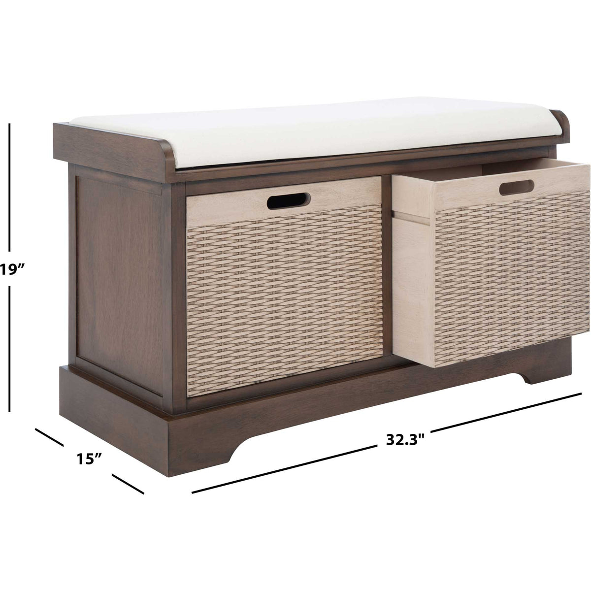 Brown cushioned bench spans 32.3 inches wide, 15 inches deep, and 19 inches high.