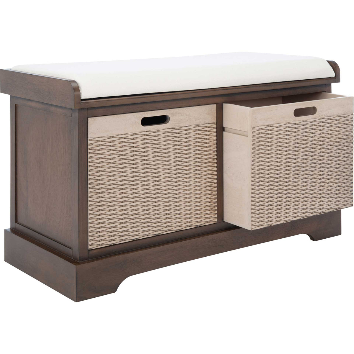 An open basket drawer reveals useful storage beneath the brown wood bench and padded seat.
