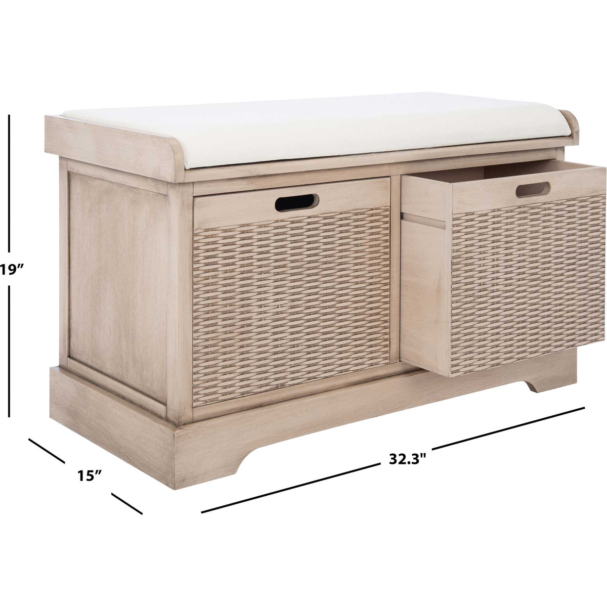 The sand-finished cushion bench is 32.3 inches wide, 15 inches deep, and 19 inches high.