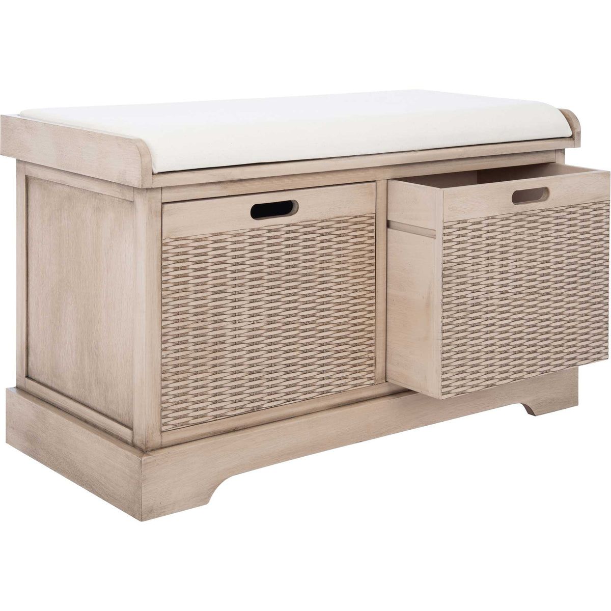 One of two basket drawers slides free beneath the cushioned seat and pale sand wood frame.