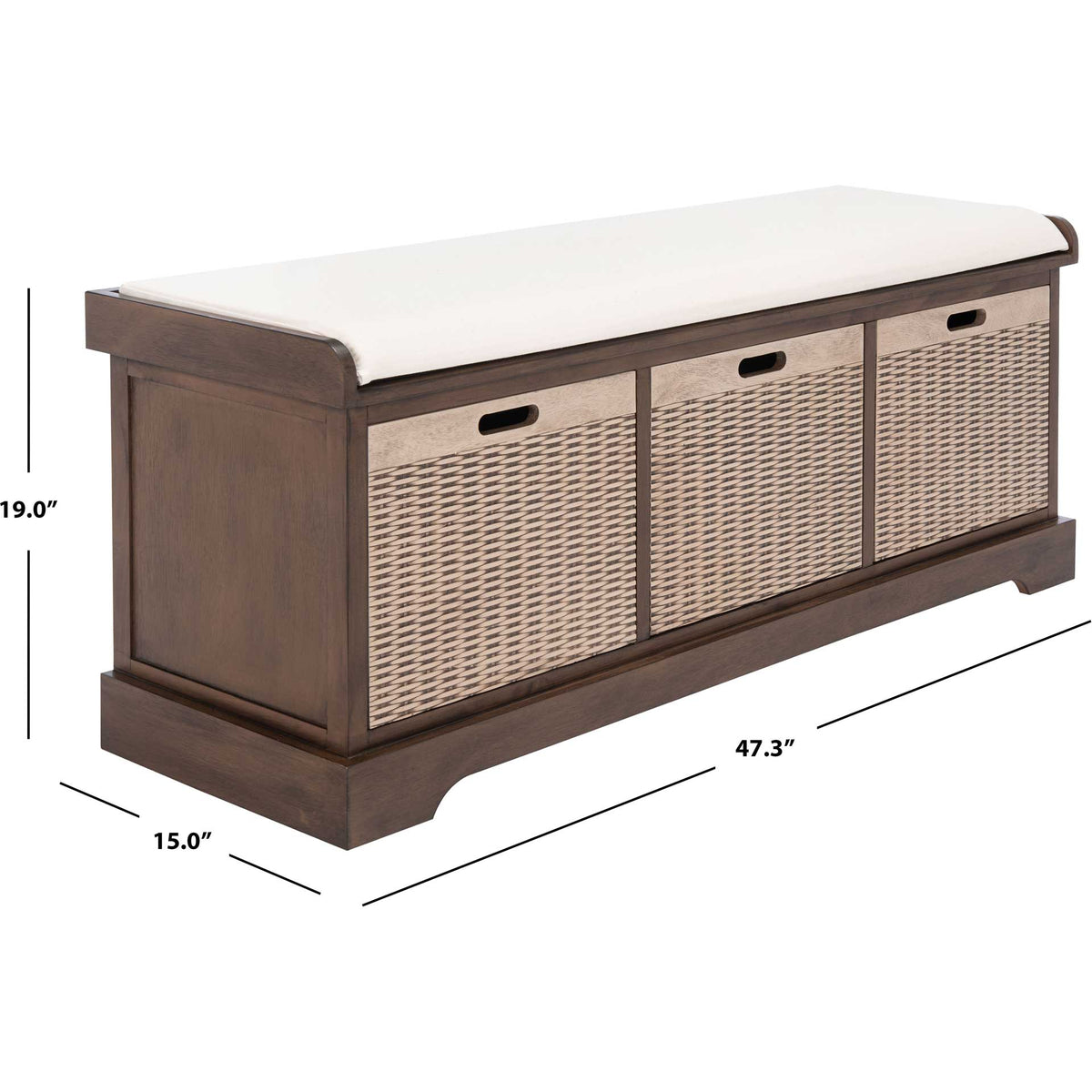 This brown cushioned bench is 47.3 inches wide, 15 inches deep, and 19 inches high.