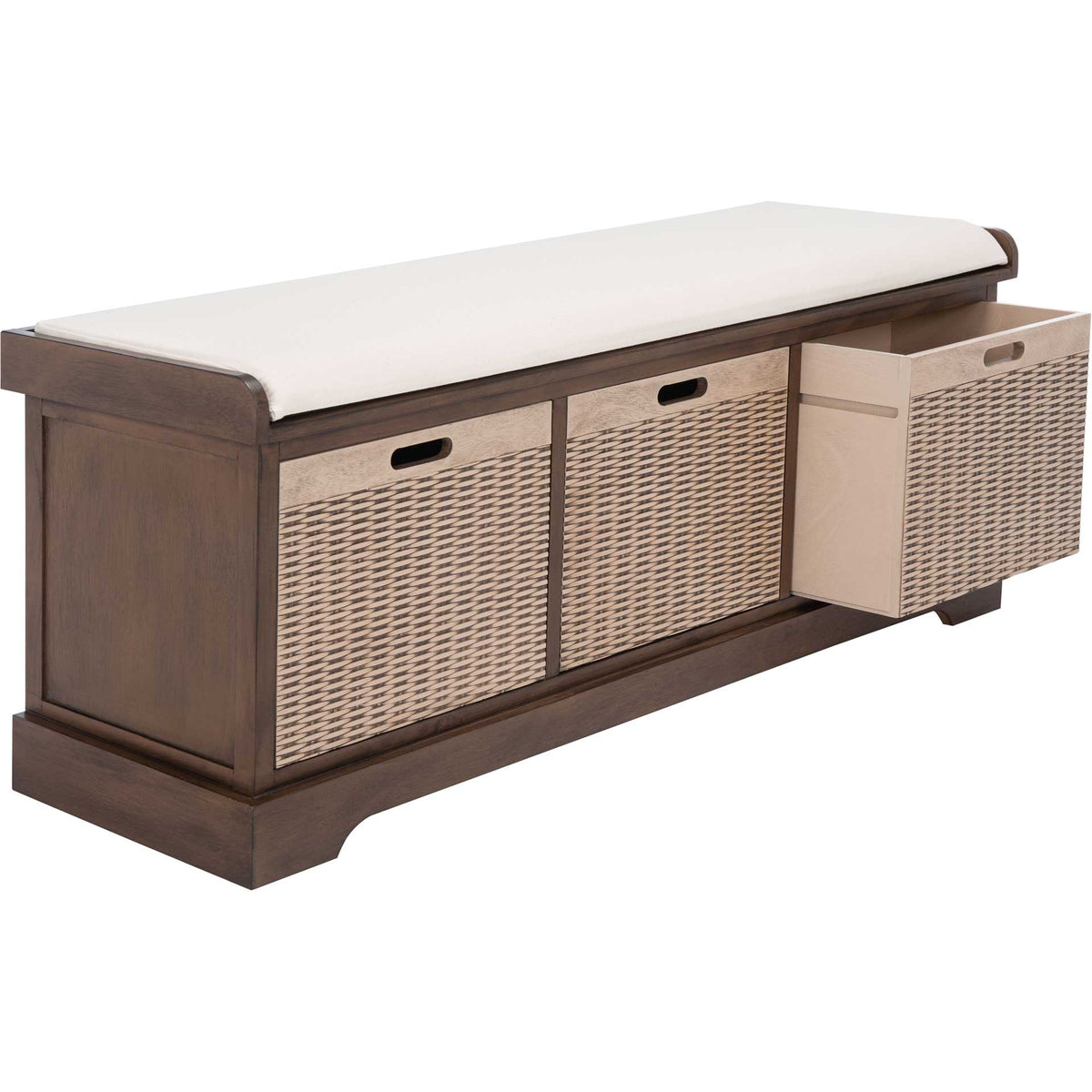One basket drawer pulls out beneath the long padded seat for roomy concealed storage.