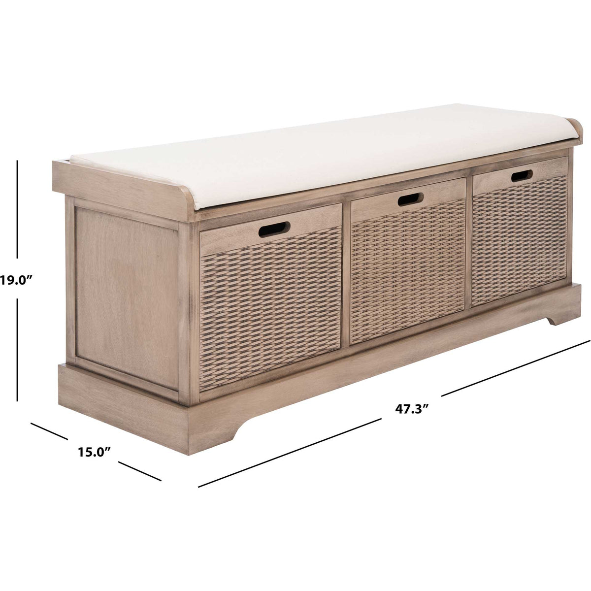 Sand-colored cushioned bench is 47.3 inches wide, 15 inches deep, and 19 inches high.