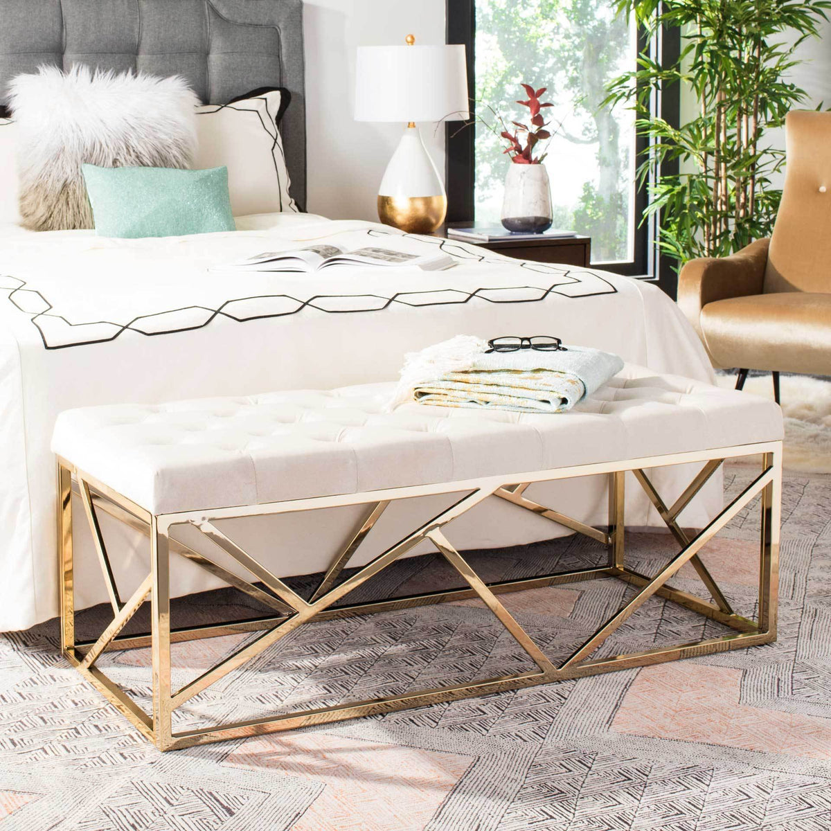 Fatima Tufted Rectangular Bench Beige/Brass