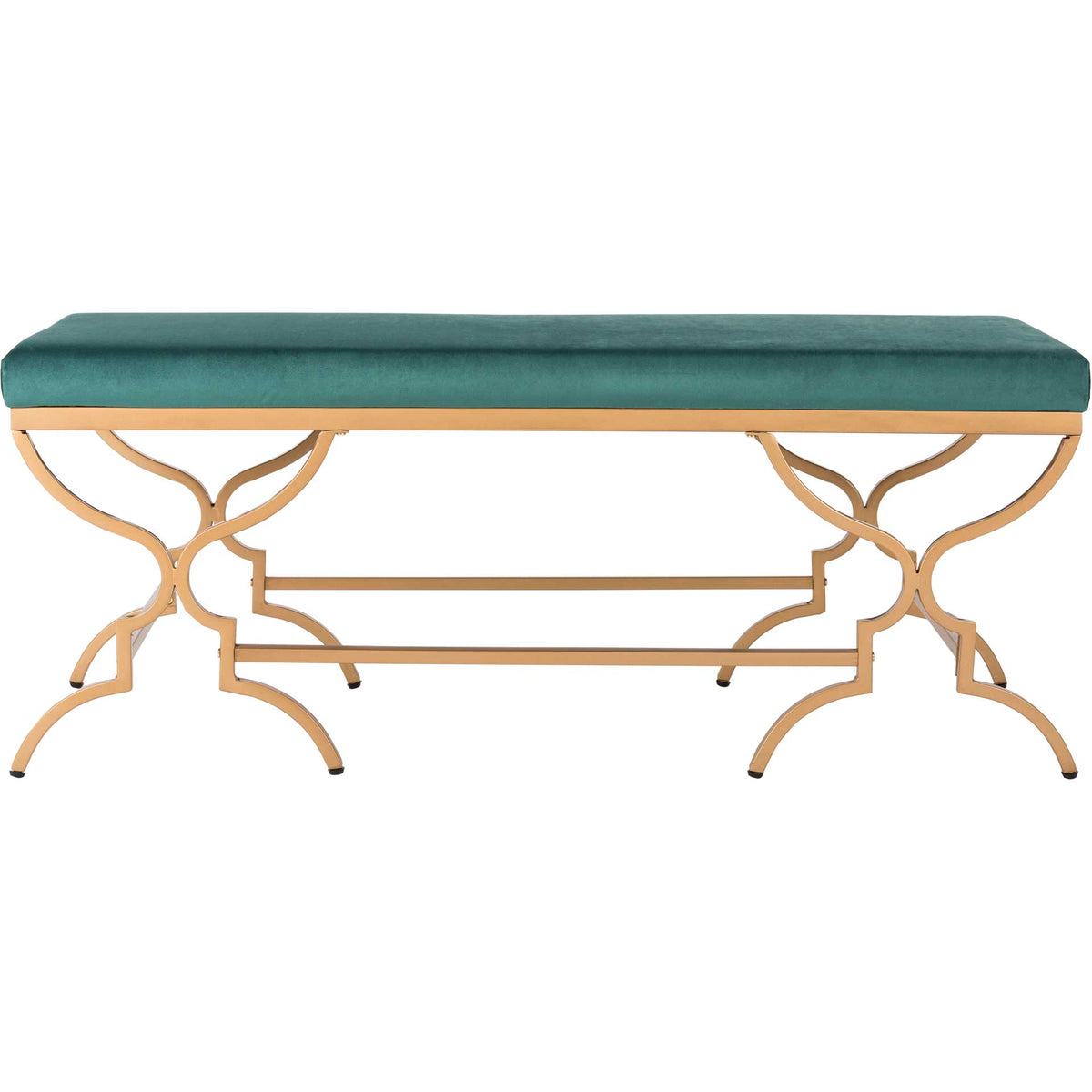 Emerald velvet bench features a long cushioned seat and symmetrical gold scrollwork || BCH6203B || front_studio