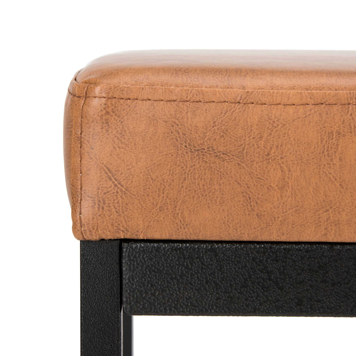 Textured brown faux leather and neat stitching define the seat above its black frame