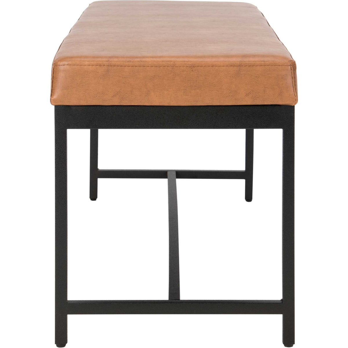 Brown faux leather cushioning sits above squared black metal supports and low rails