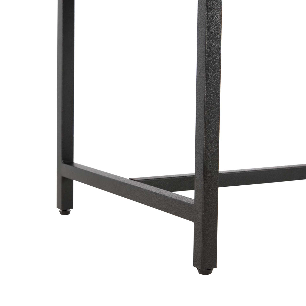 Slim black metal legs and connecting crossbars form an open industrial-style bench base