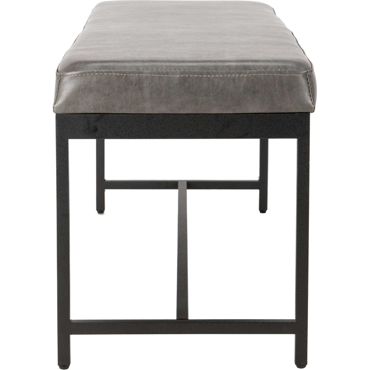 Gray faux leather cushion tops squared black metal supports and low connecting rails
