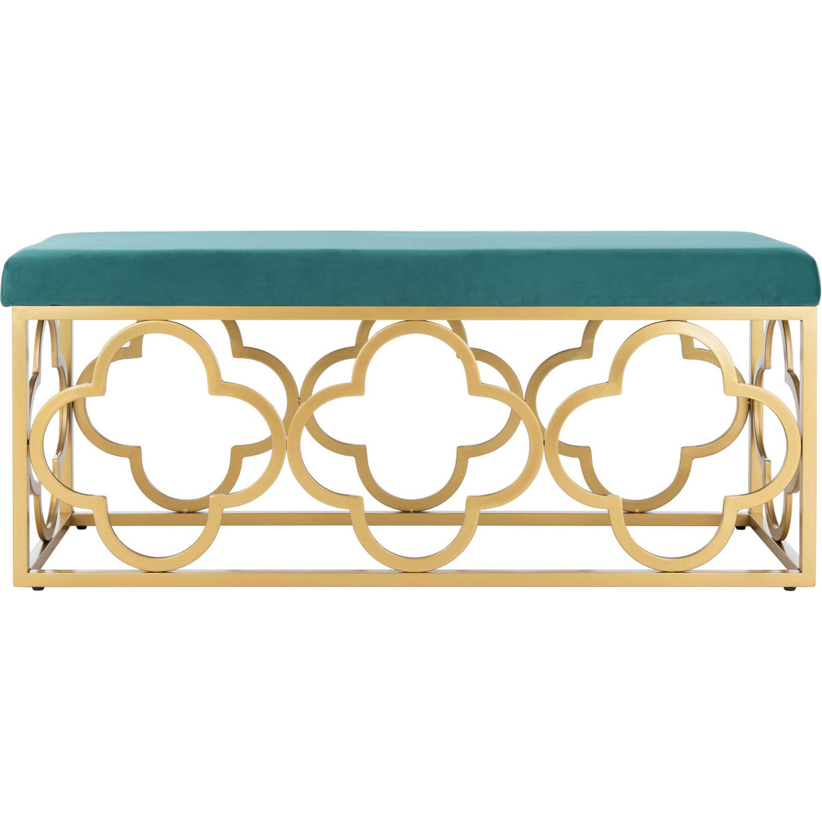 Emerald velvet bench pairs a cushioned seat with an open gold quatrefoil frame || BCH6205B || front_studio
