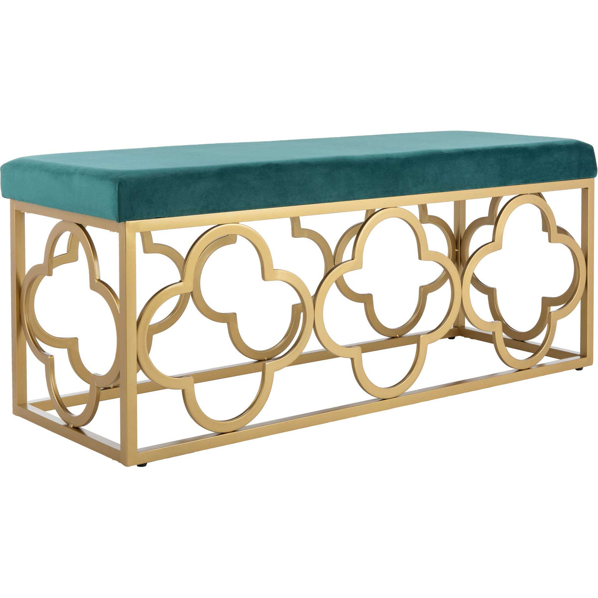 Plush emerald velvet tops a gold metal bench with airy quatrefoil accents || BCH6205B || front_angle_studio