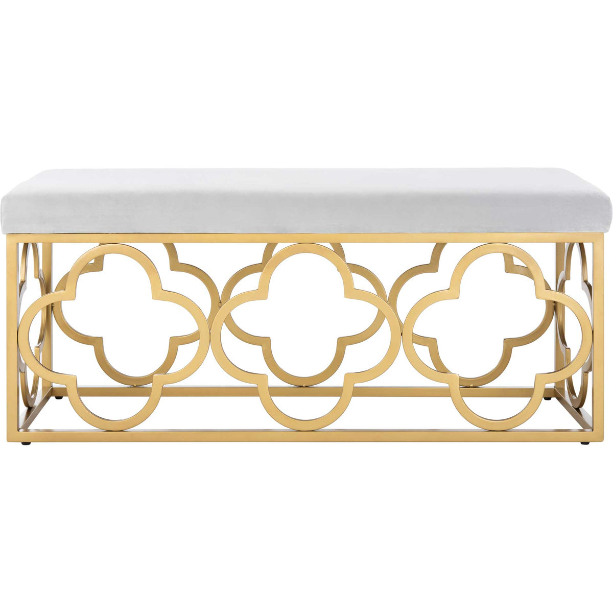 Gray velvet bench features a cushioned seat above three open gold quatrefoil motifs || BCH6205D || front_studio