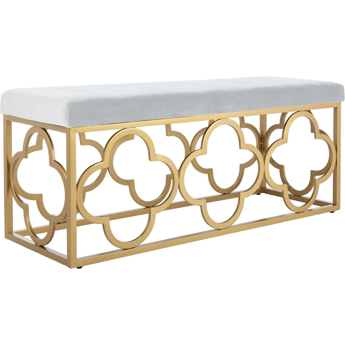 Light gray velvet seat rests above a gold metal base with repeating quatrefoil motifs || BCH6205D || front_angle_studio