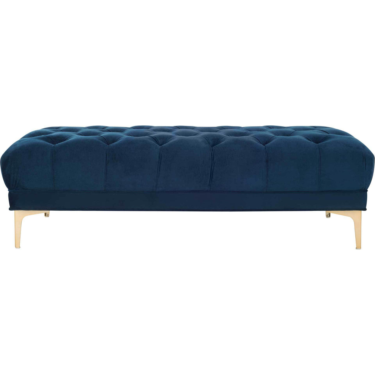 A wide tufted navy velvet seat rests on a tailored base and slender brass-finished legs. || BCH6300A || front_studio