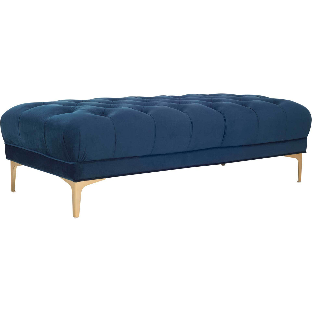 A navy velvet bench pairs deep tufting and softly rounded edges with slim brass-finished legs. || BCH6300A || front_angle_studio