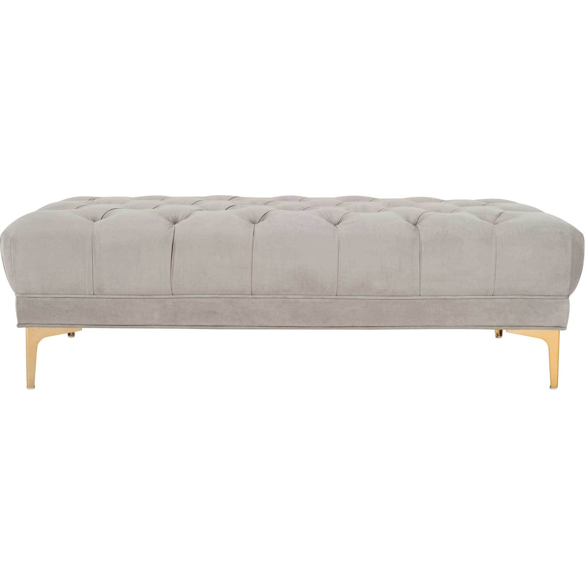 A long gray velvet bench features a plump tufted seat and tapered brass-finished legs. || BCH6300B || front_studio
