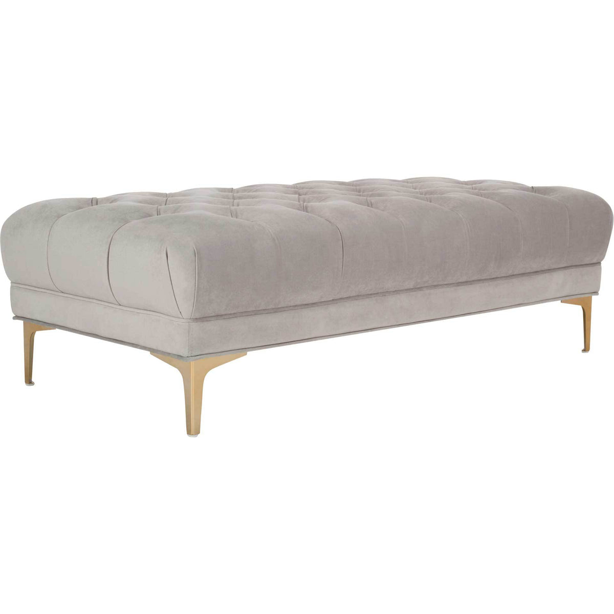 A gray velvet bench blends deep tufting, rounded corners, and slender brass-finished legs. || BCH6300B || front_angle_studio