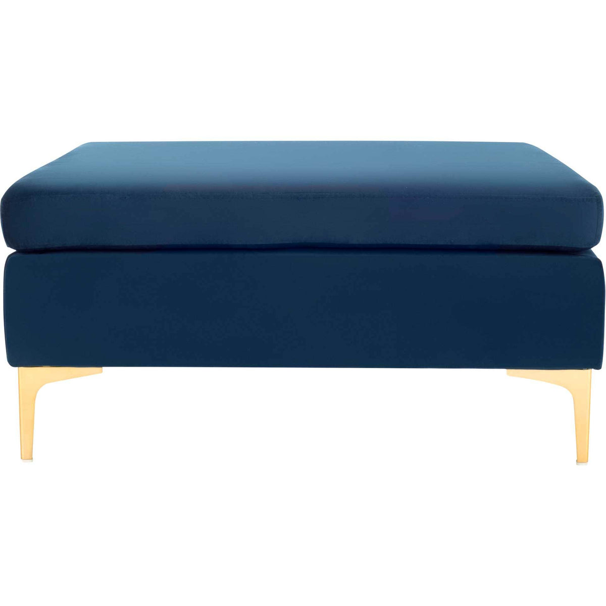 A thick navy velvet cushion pairs with slim brass-finished legs for bold, modern contrast. || BCH6301A || front_studio