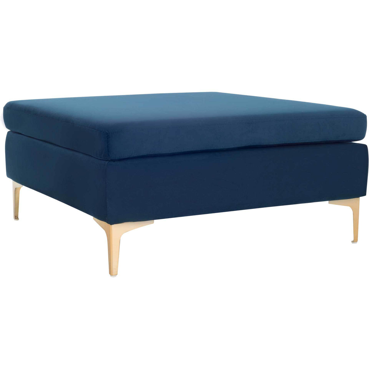 Rich navy velvet covers a broad, plush seat above tapered brass-finished metal legs. || BCH6301A || front_angle_studio