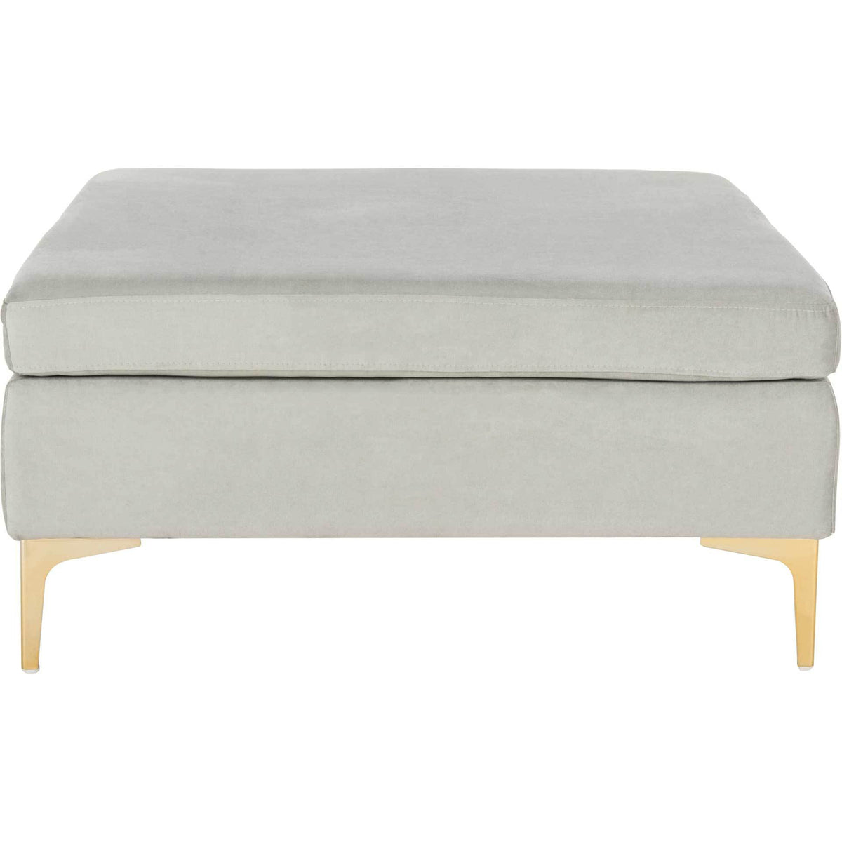 A plush gray velvet seat and slim brass-finished legs give this square ottoman understated glamour. || BCH6301B || front_studio