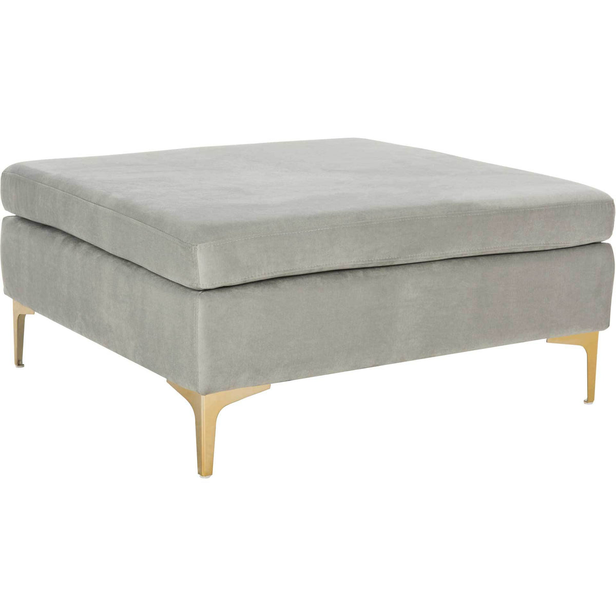 Soft gray velvet wraps a thick square cushion and clean-lined base above slender brass-finished legs. || BCH6301B || front_angle_studio