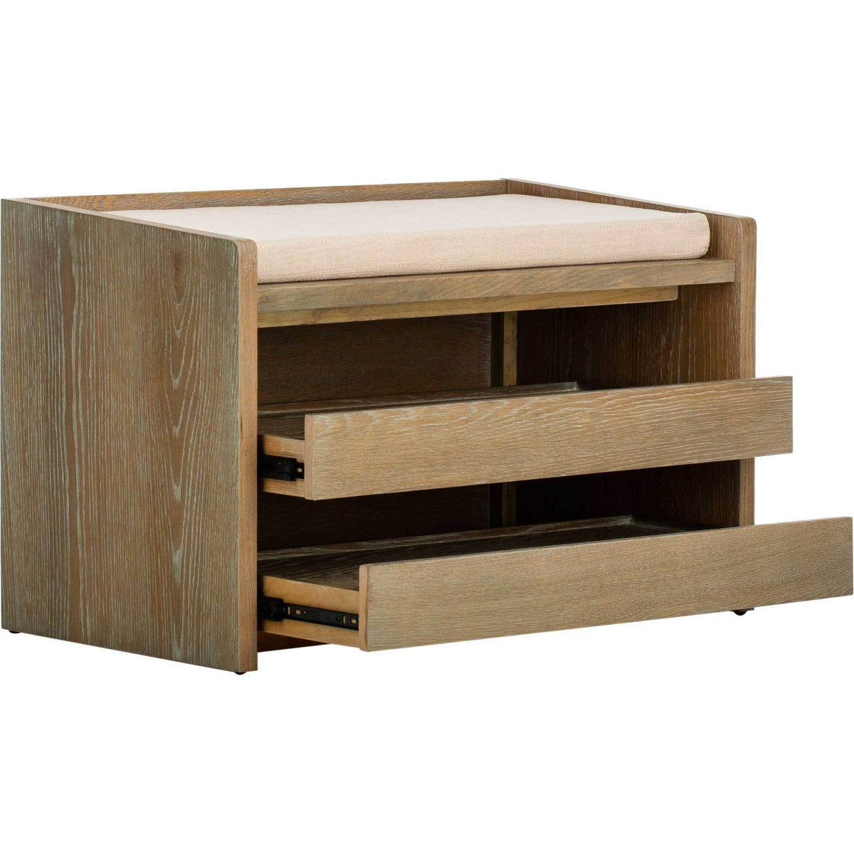 Two pull-out drawers provide accessible storage beneath a beige seat and rustic oak-look frame.