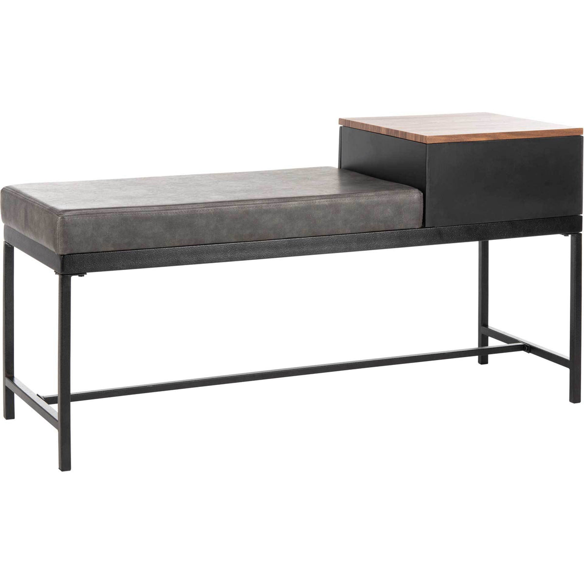 A gray padded seat, raised woodgrain ledge and airy frame combine seating with practical storage