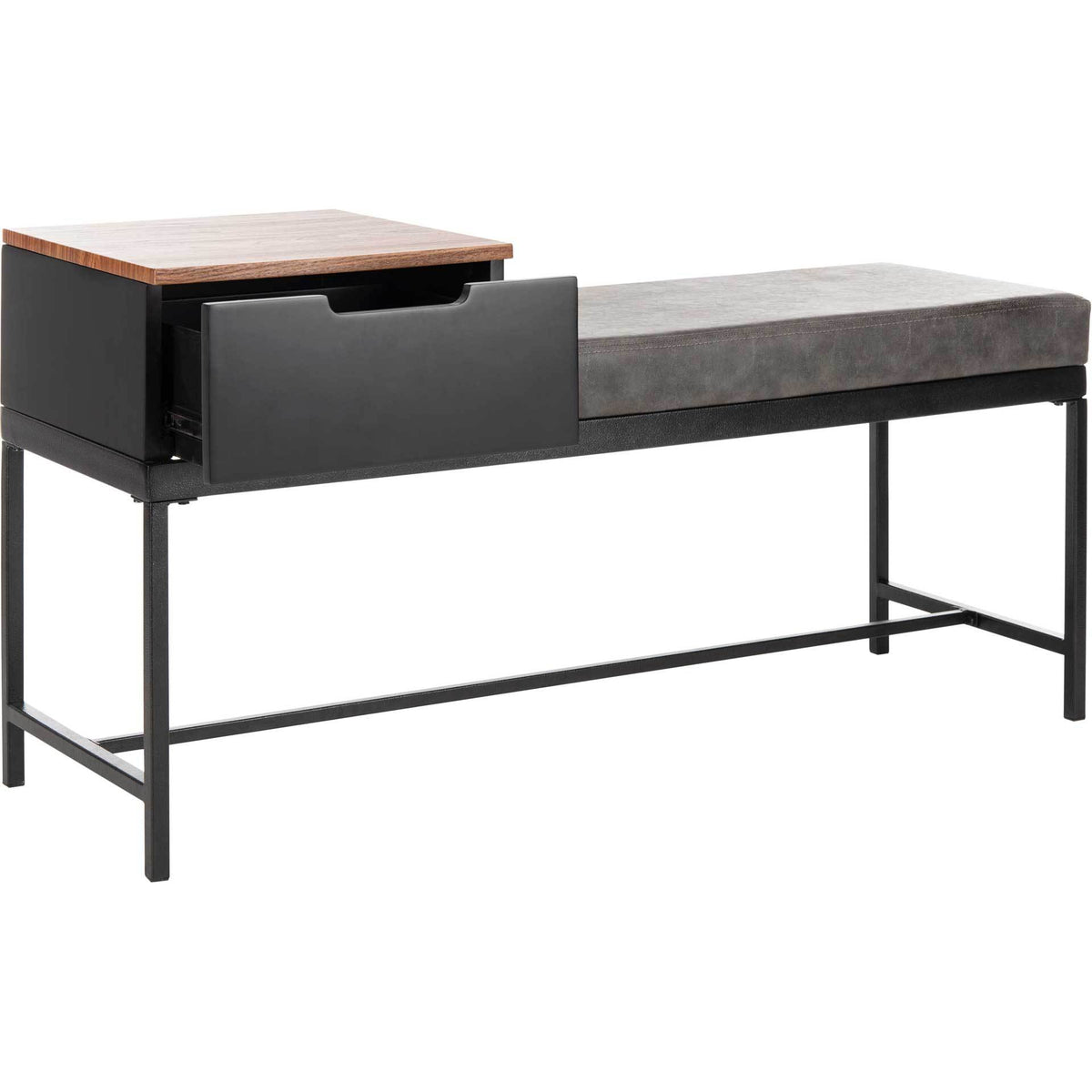 An open drawer provides storage beside the gray padded seat and raised woodgrain surface