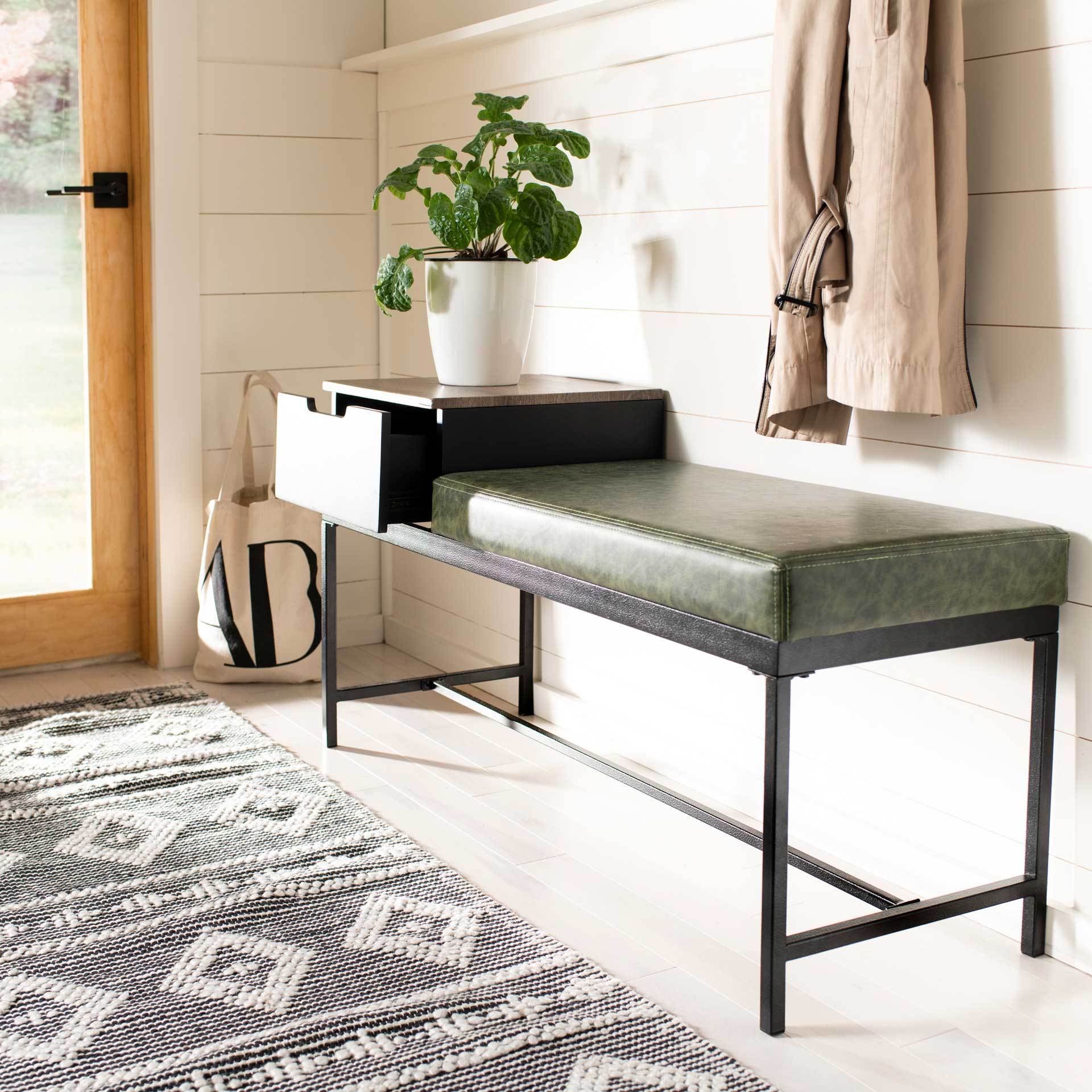 Maxton Bench With Storage Gray Wash/Dark Green