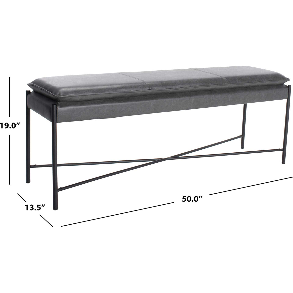 Gray upholstered bench measures 50 inches wide, 13.5 inches deep and 19 inches high