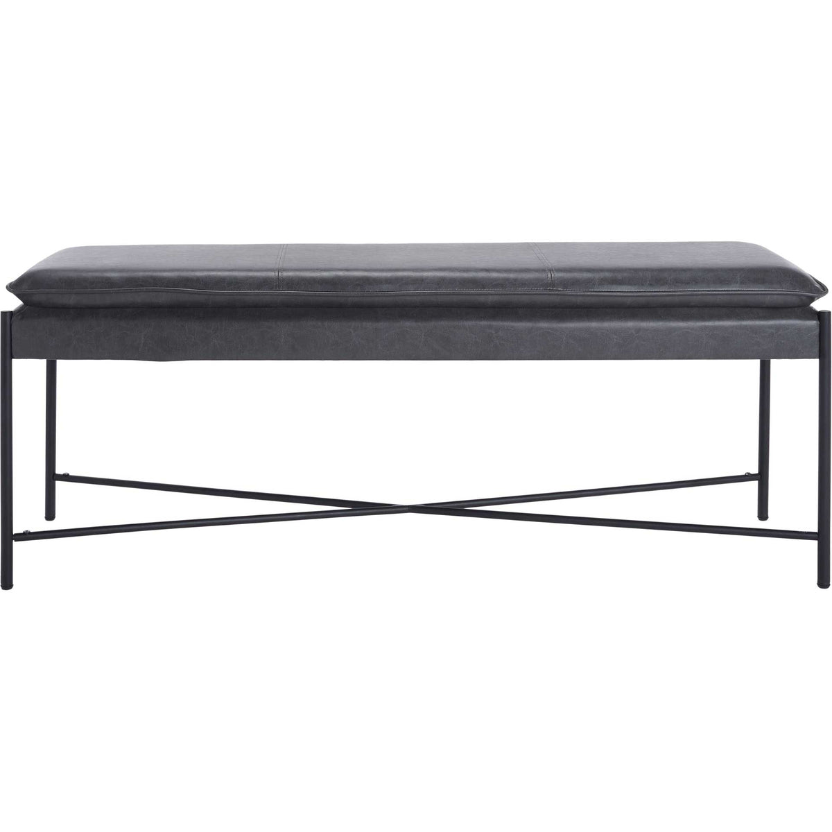 Gray cushioned seat stretches over slim black legs and crossed lower supports || BCH6402A || front_studio