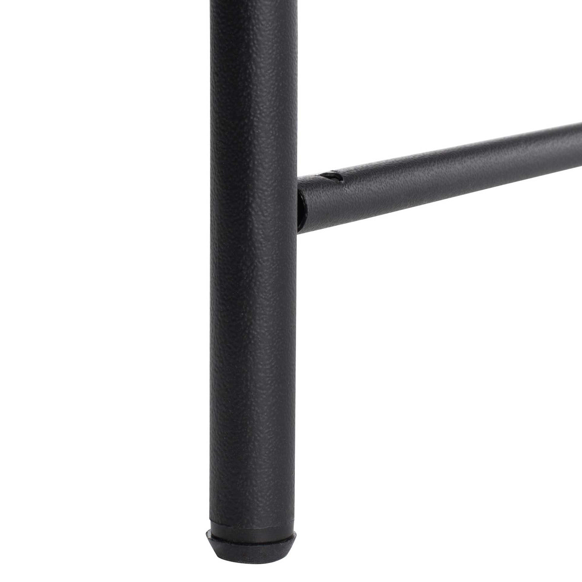 Rounded black metal leg and angled brace provide sturdy support beneath the seat
